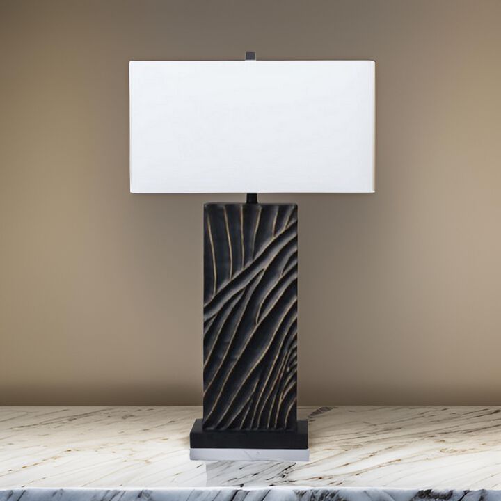 Len Table Lamp, White Rectangular Shade, Unique Lined Design Black Pedestal - Benzara