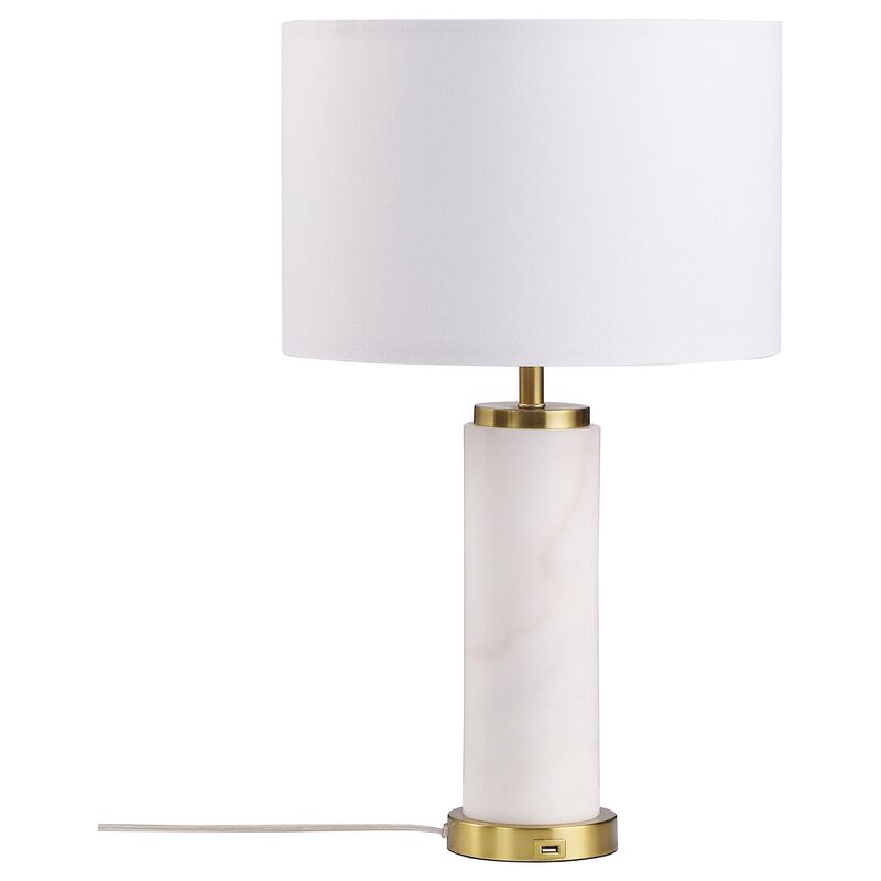 25 Inch Table Lamp, White Fabric Drum Shade, Modern Gold Metal Round Base - Benzara