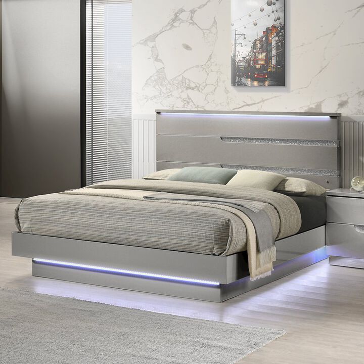 New Classic Furniture Paradox Lighted Headboard Wood Queen Bed, Gray