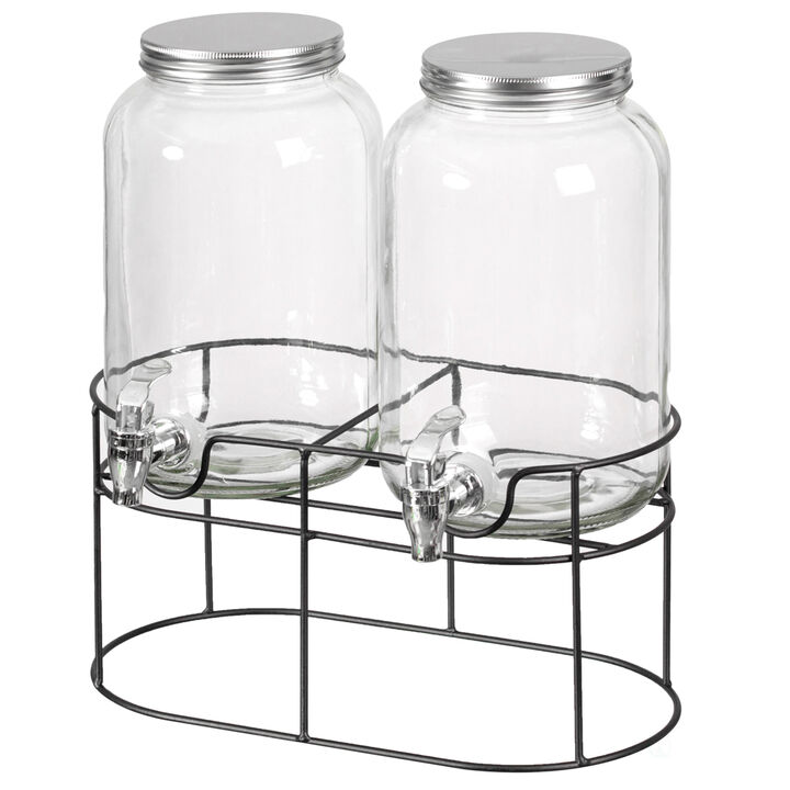 Basicwise 2-Pcs Versatile Glass Drink Dispenser Set with Metal Stand and Stainless Steel Spigots - Ideal for Serving Beverages, Water, Lemonade and Juice at Picnics, Camping Trips, Wedding and Parties