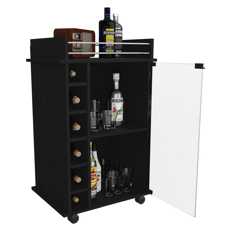 DEPOT E-SHOP Huali Bar Cart, Six Built-in Wine Rack, Glass Door, Four Casters, Two Shelves, Black