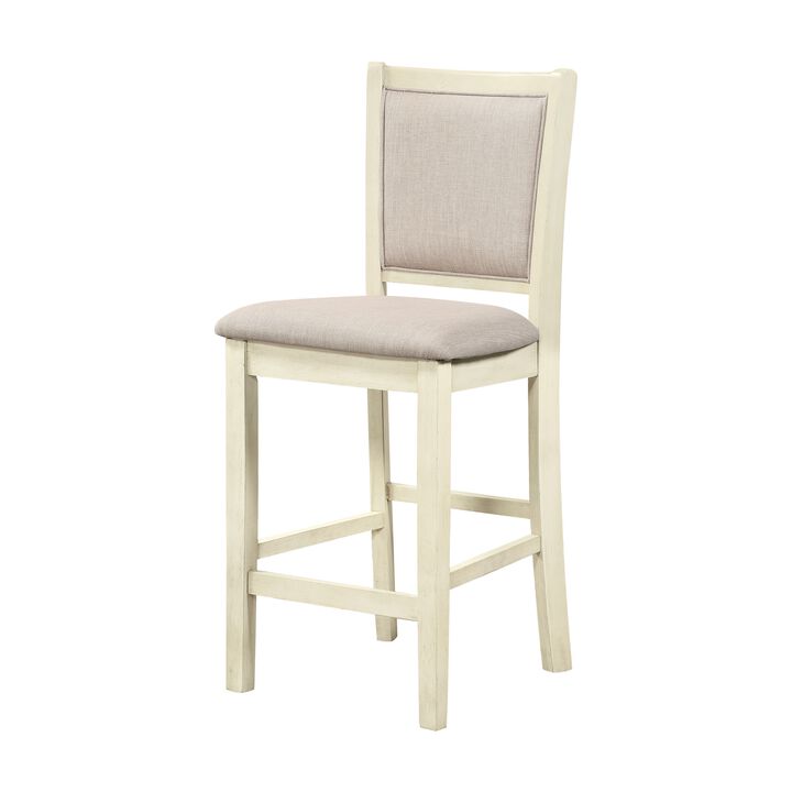 Han Counter Chair Set of 2, Beige Fabric, Ivory Solid Rubberwood - Benzara