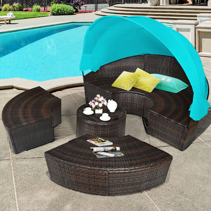 Patio Round Rattan Daybed with Retractable Canopy and Height Adjustable Coffee Table