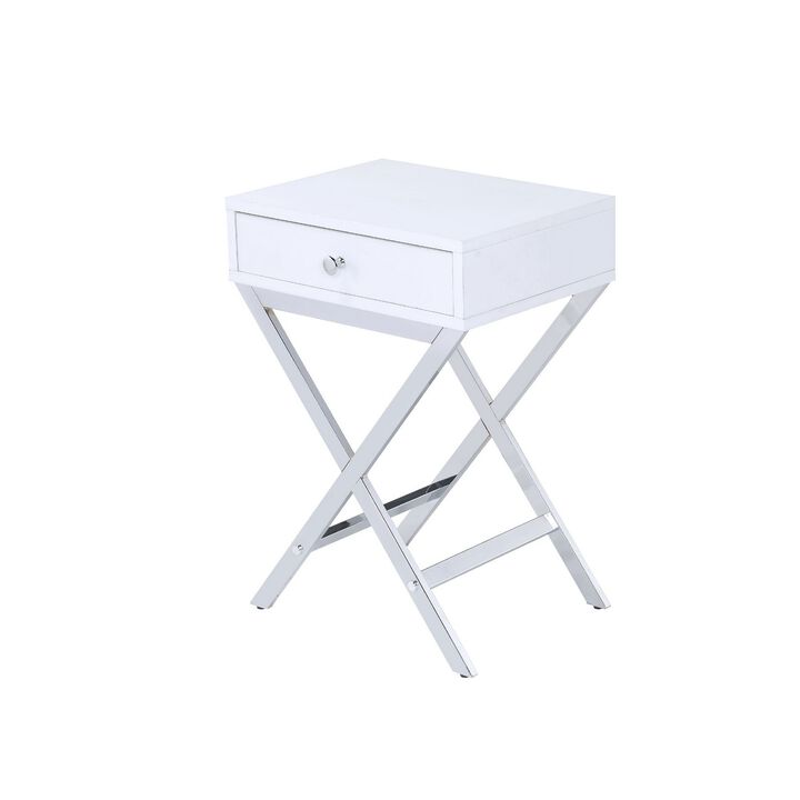 Wood and Metal Side Table with Crossed Base, White and Silver-Benzara