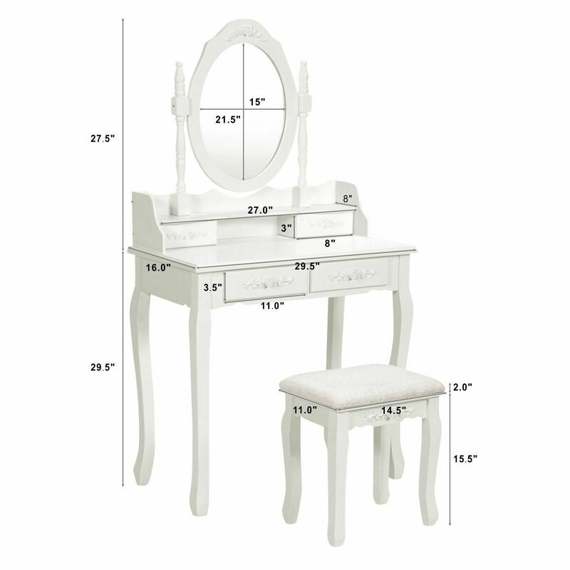 Wood Vanity Table Set with Oval Mirror and 4 Drawers for Kids Girls Women