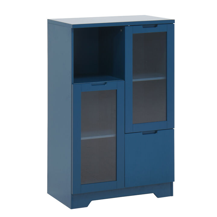 Wooden Floor Cabinet with 2 Glass Doors and 2 Storage Space, Living Room Bathroom Entryway