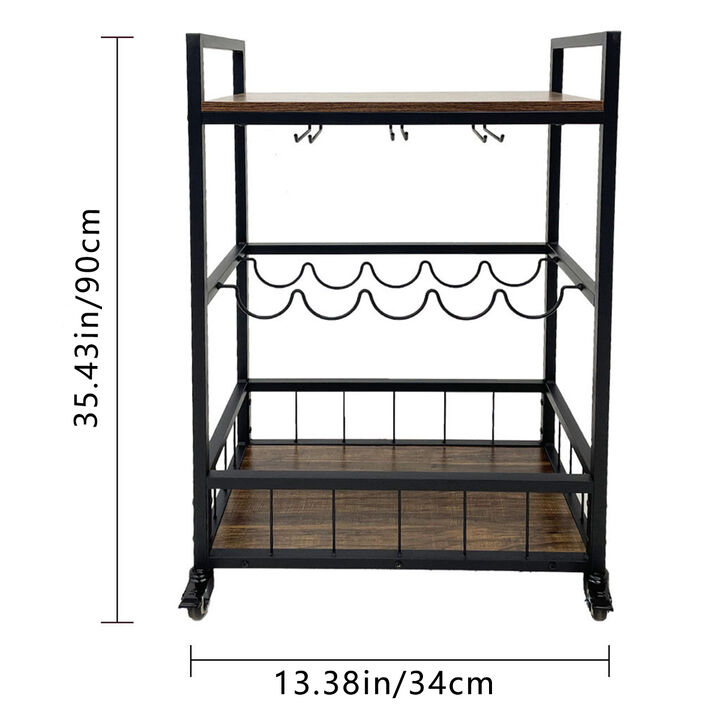 Home Bar Cart 3-Tier Rolling Trolley with Wheels for Serving & Beverage Storage
