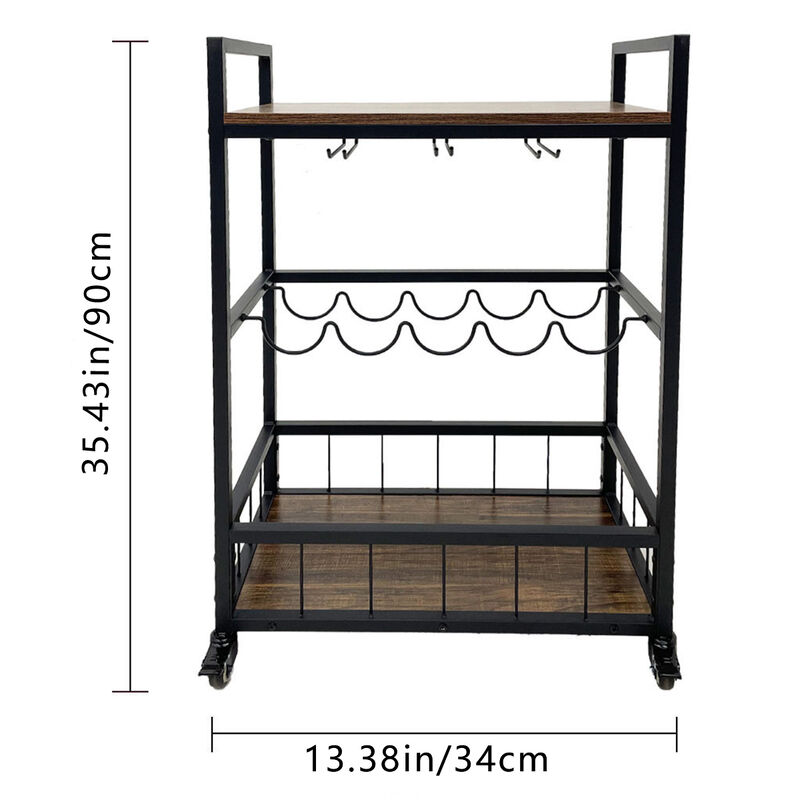 Home Bar Cart 3-Tier Rolling Trolley with Wheels for Serving & Beverage Storage