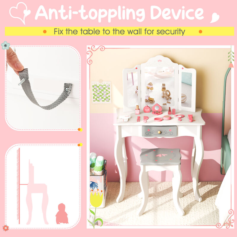 Kids Vanity Set with Tri-Folding Mirror – Girls' Makeup Table with Storage and Chair