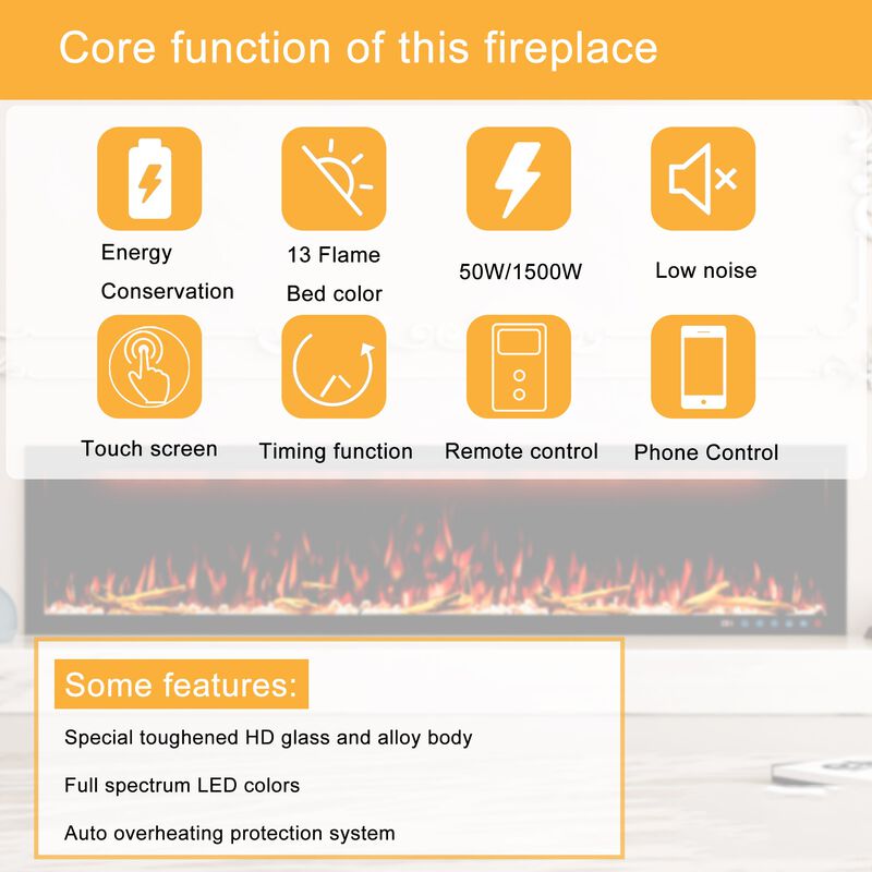 MONDAWE 74" Wall Mounted Embedded Electric Fireplace, 60Hz, 110-120 Volt, 1500W, With Overheat Protection Device