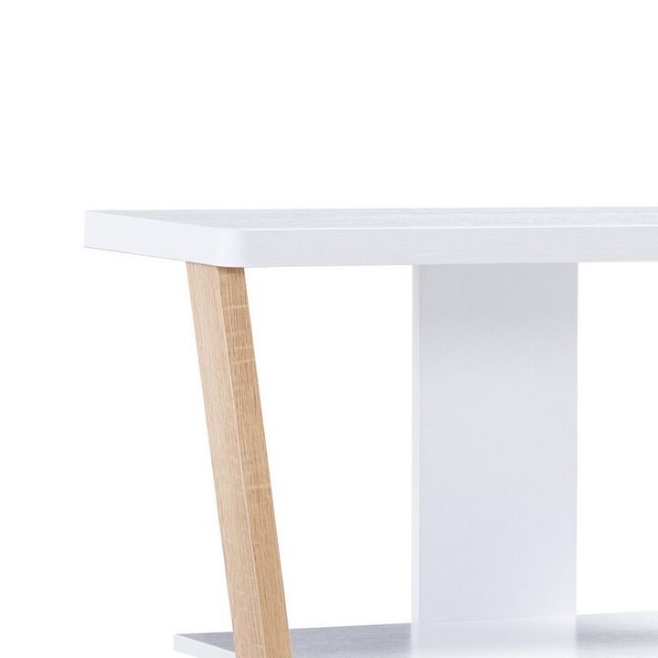Hedy 34 Inch Modern Console Table, 3 Shelf, Slanted Legs, Two Toned, White-Benzara