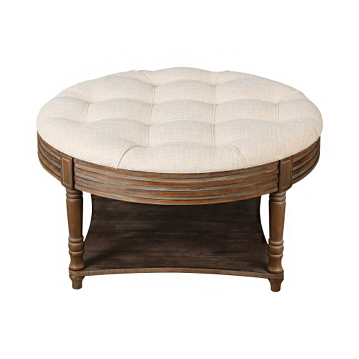 Large Round WaterProof Ottoman Coffee Table 2 Tier Oversized Button Tufted Ottoman with Wooden Shelf Storage Farmhouse Upholstered Coffee Table Living Room Footstool Ottoman Linen(Warm White)