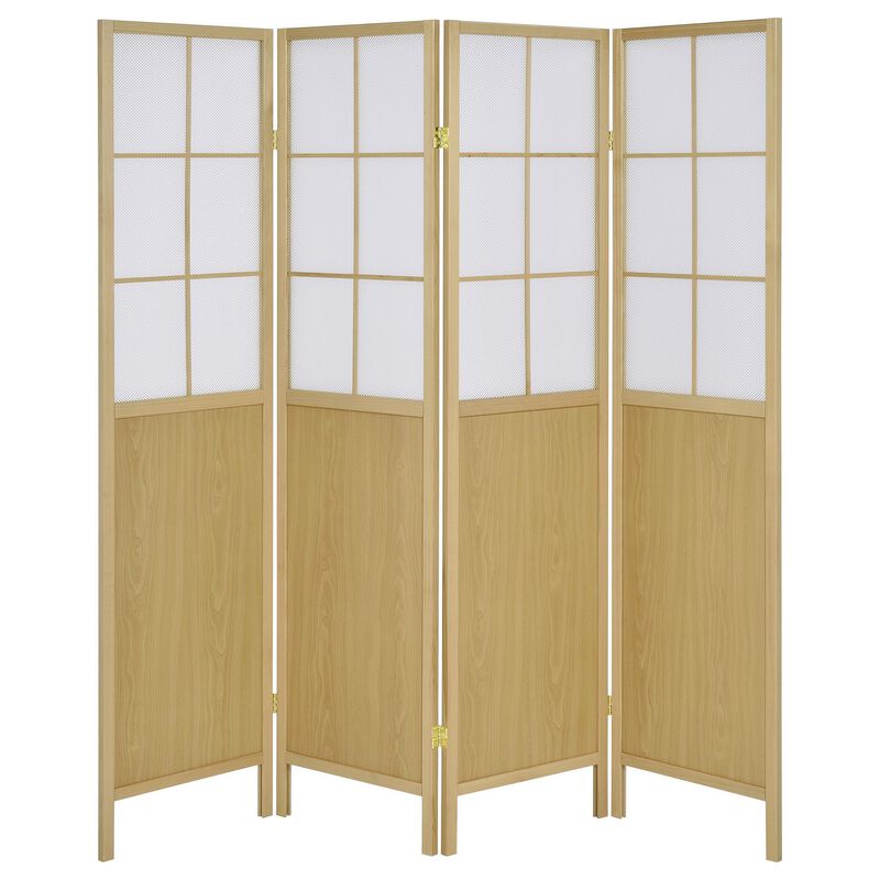 4 Panel Screen Room Divider, Foldable Design, Natural Brown 70 Inch - Benzara