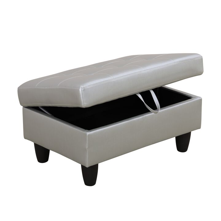 34 in. W Silver Faux Leather Rectangle Ottoman with Storage
