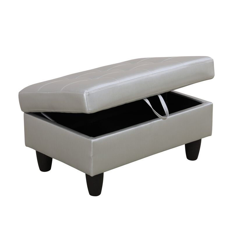 34 in. W Silver Faux Leather Rectangle Ottoman with Storage
