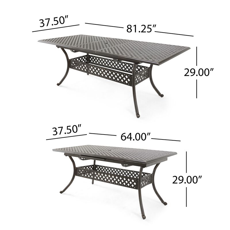 Dining Table, 64-82 Inch Extendable Acacia Wood Top, Aluminium, Dark Brown