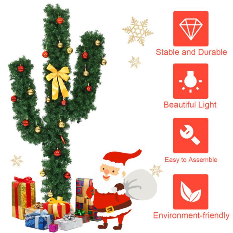 Hivvago 5/6/7 Feet Artificial Cactus PVC Christmas Tree with LED Lights and Ball Ornaments
