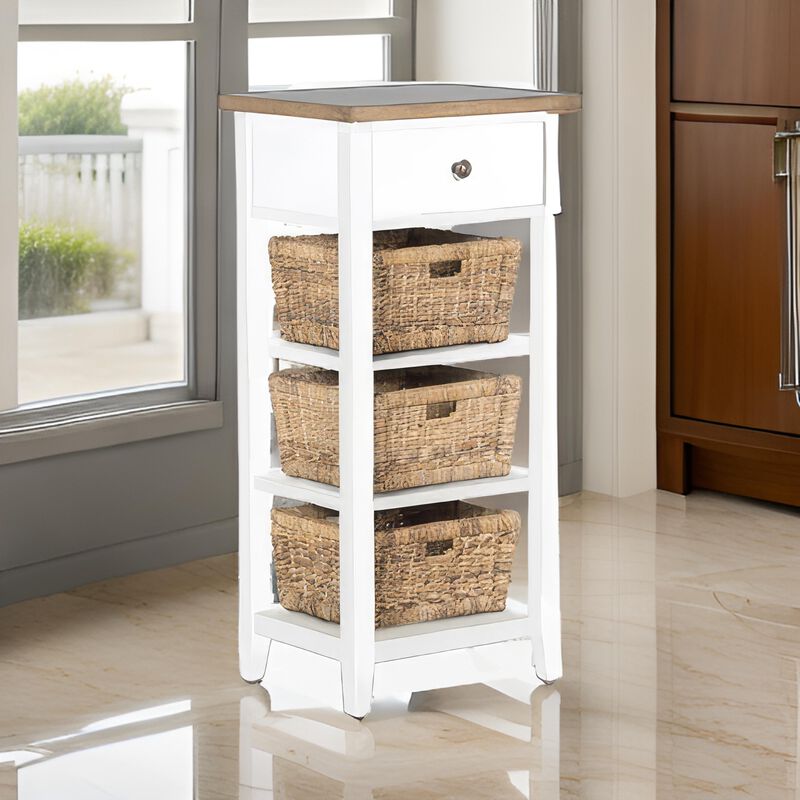 Livy Storage Rack End Table with 3 Natural Brown Rattan Baskets, White - Benzara