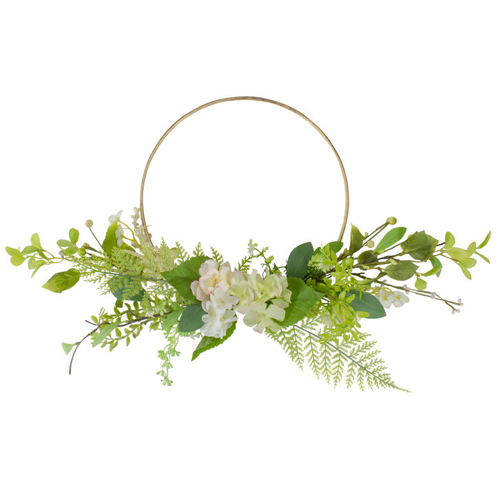 Hydrangea and Fern Golden Ring Wreath Spring Decor  Green and Gold 25"