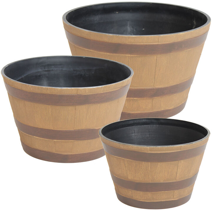 Sunnydaze Resin Rustic Cask Outdoor Planter 13 in, 15 in, 17 in - Set of 3