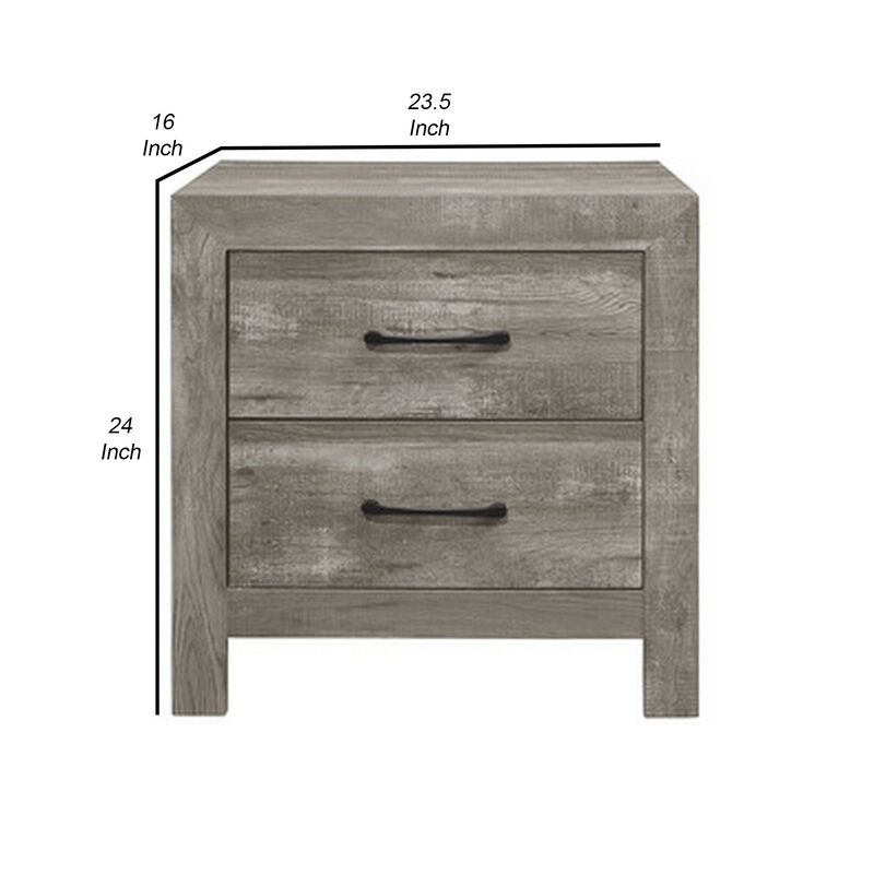 Adia 24 Inch Classic 2 Drawer Nightstand, Metal Handles, Rustic Gray Finish-Benzara