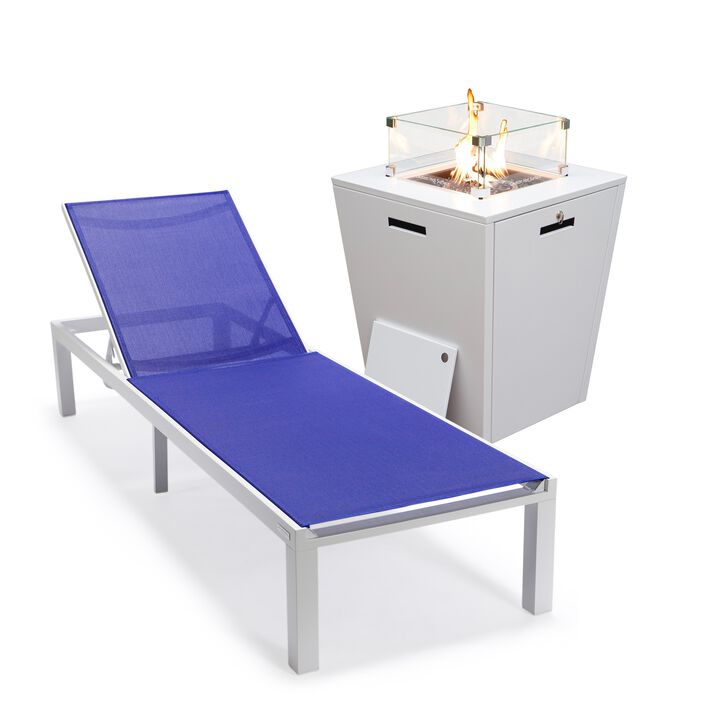 LeisureMod Marlin Modern Black Aluminum Outdoor Patio Chaise Lounge Chair in White Frame with Square Fire Pit Side Table