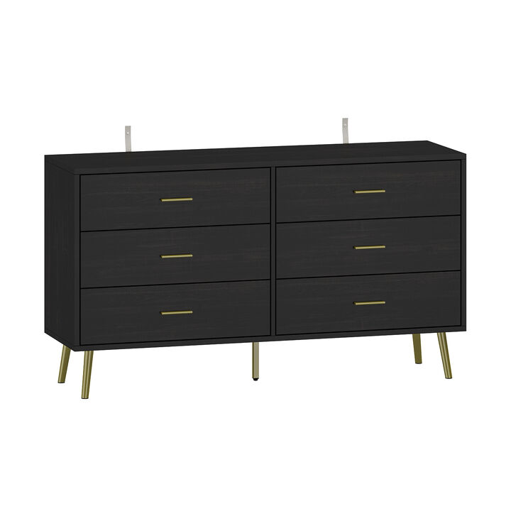 FUFU&GAGA Contemporary 6-Drawer Double Dresser with Gold-Tone Pulls, Black Finish, 54-inch Wide, Composite Material, Modern Style, (54.1" W x 15.7" D x 29.9" H), Black