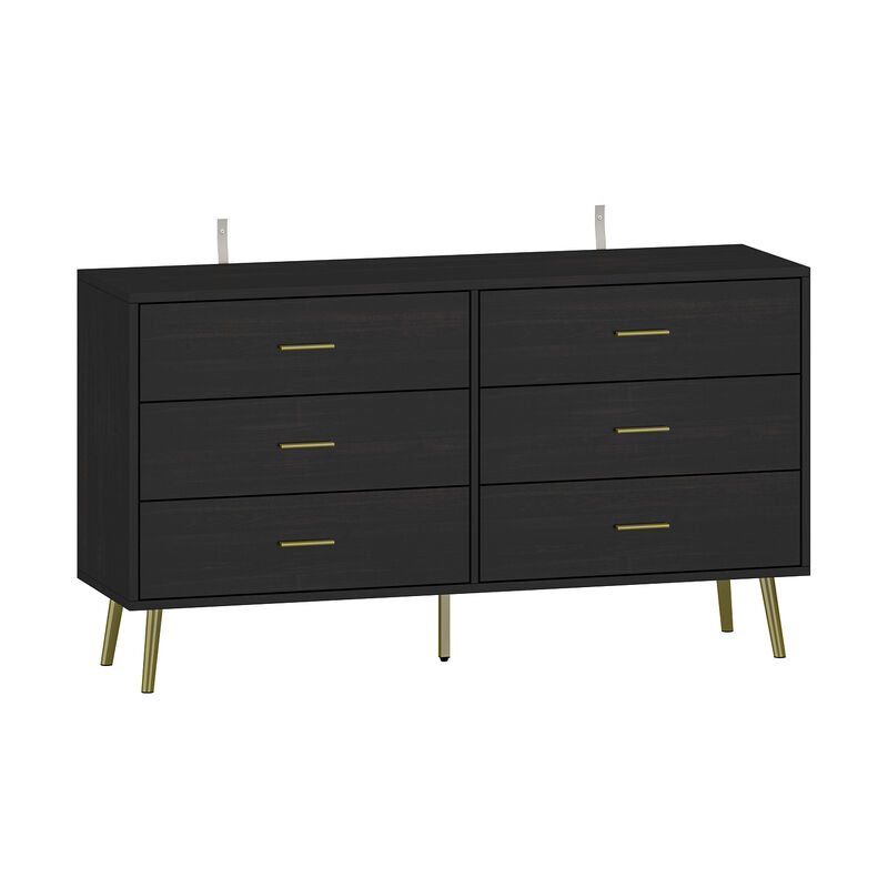 FUFU&GAGA Contemporary 6-Drawer Double Dresser with Gold-Tone Pulls, Black Finish, 54-inch Wide, Composite Material, Modern Style, (54.1" W x 15.7" D x 29.9" H), Black