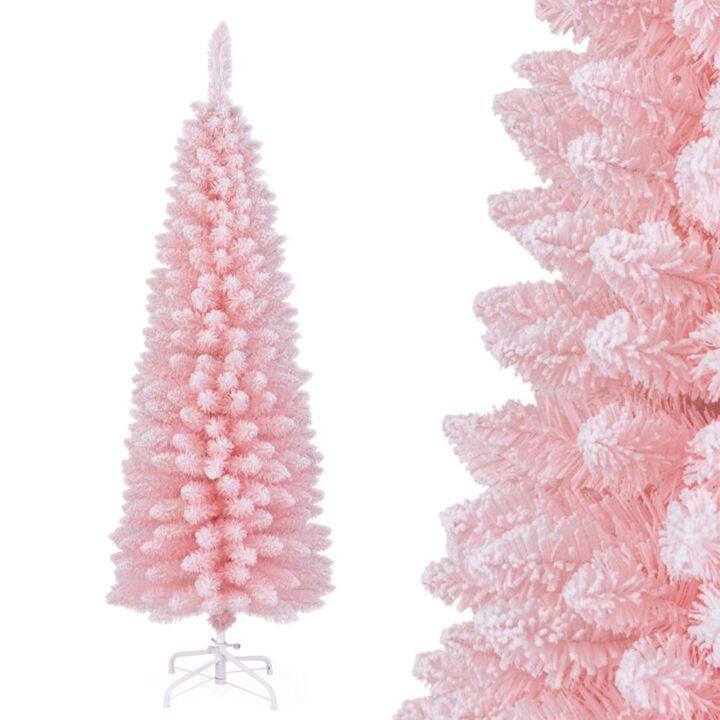 Hivvago Snow Flocked 5/6/7/8 FT Artificial Pink Xmas Tree with 328/460/635/1000 Branch Tips