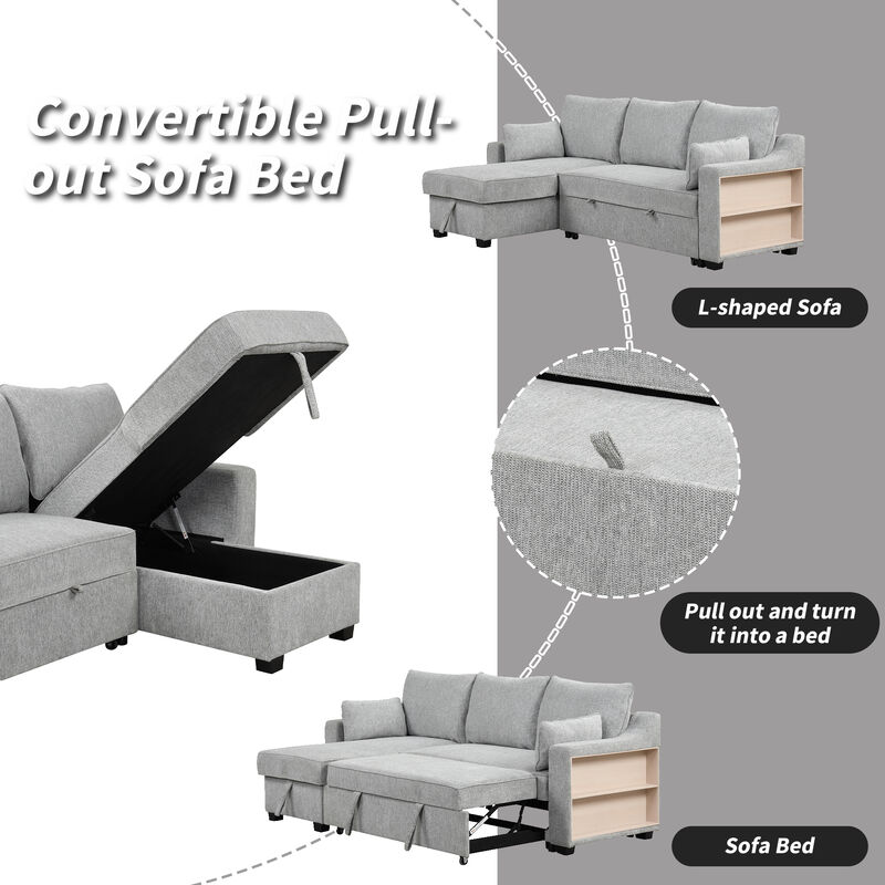90" Pull Out Sleeper Sofa L-Shaped Couch Convertible Sofa with USB ports