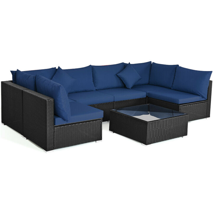 7 Pieces Sectional Wicker Furniture Sofa Set with Tempered Glass Top-Navy