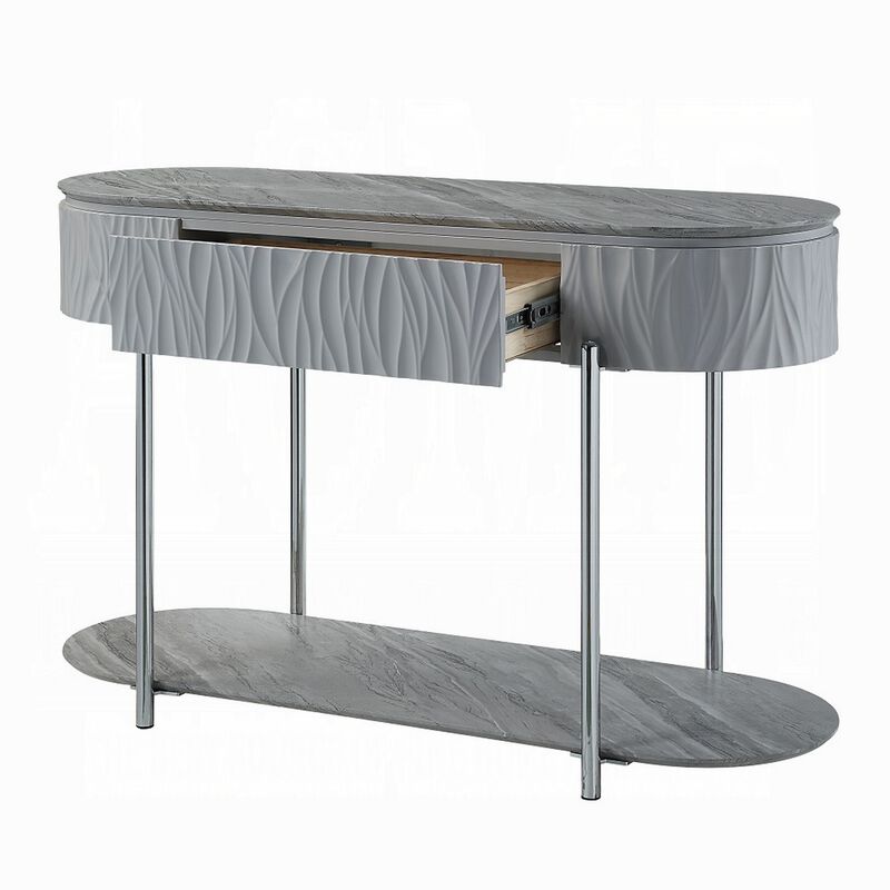 Doug Sofa Table, Gray High Gloss Wood, Drawers, Chrome Metal, 47 Inch - Benzara
