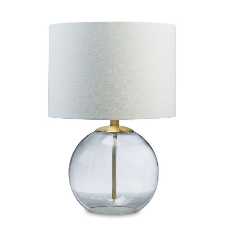 21 Inch Table Lamp, White Drum Shade, Round Clear Glass Base, Brass Metal - Benzara