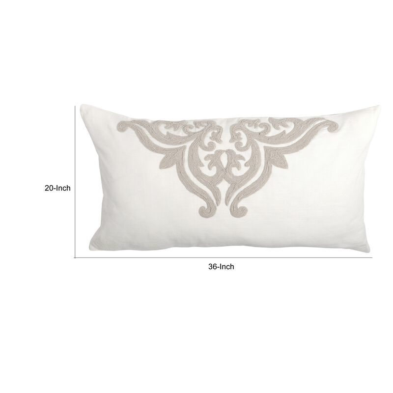 Lenz 20 X 36 Lumbar King Pillow Sham, Hand Stitched Ivory Damask Embroidery-Benzara