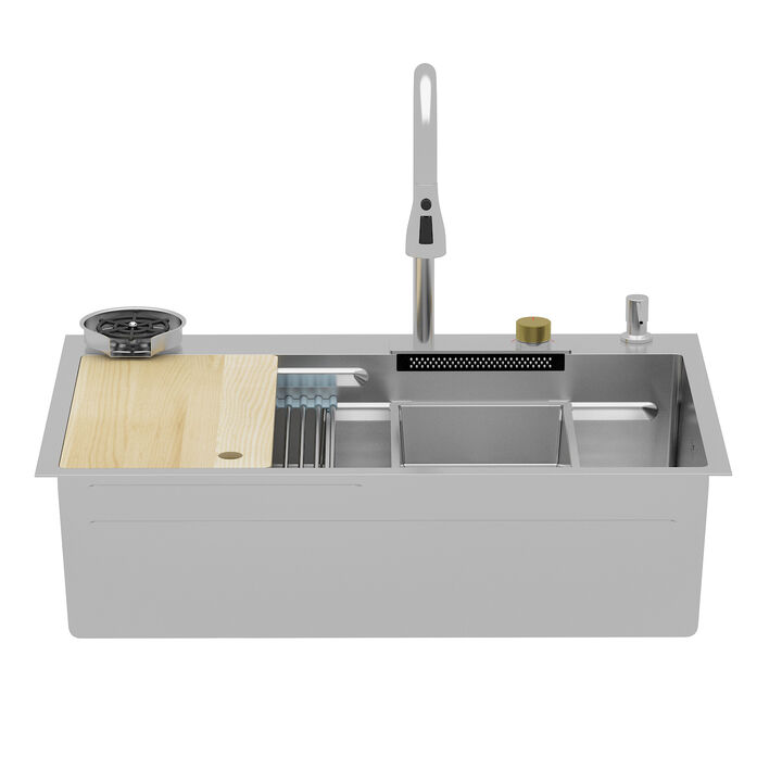FUFU&GAGA Premium 304 Stainless Steel Bathroom Sink with Accessories, ( 33.2" W x 22.7" D x 8.9" H),Silver
