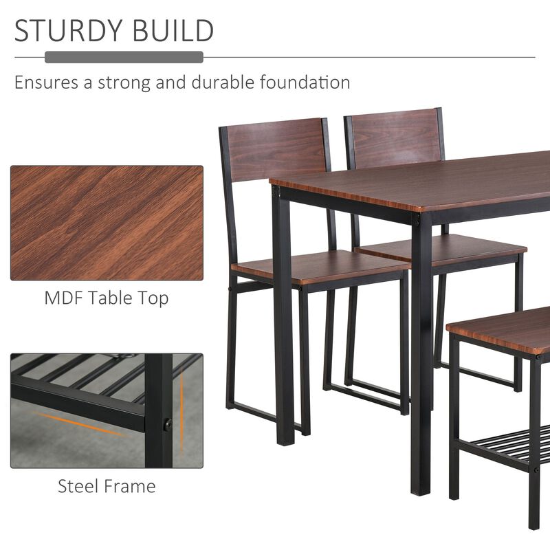 Rustic Dining Set: 4-Piece Industrial Table, Chairs, Bench, and Rack