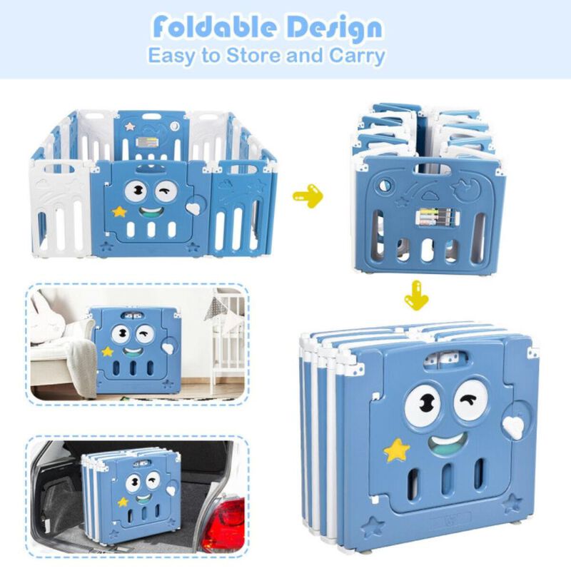 Hivvago 16-Panel Foldable Baby Playpen Kids Activity Centre-Blue