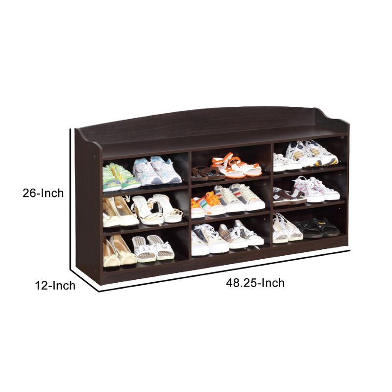 48 Inch Classic Wood Shoe Rack, 9 Cubbies, Elegant Wood Grains, Dark Brown-Benzara