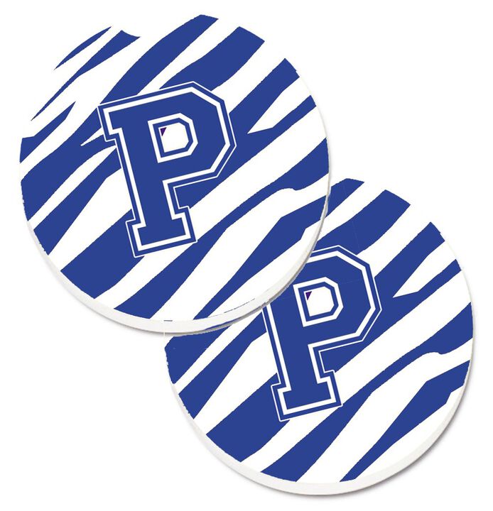 Caroline's Treasures Monogram Initial P Tiger Stripe Blue & White Set of 2 Cup Holder Car Coasters CJ1034-PCARC, 2.56, Multicolor