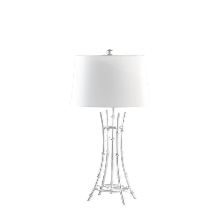 Lisi 29 Inch Table Lamp, White Shade, Silver Mettalic Bamboo Style Base - Benzara