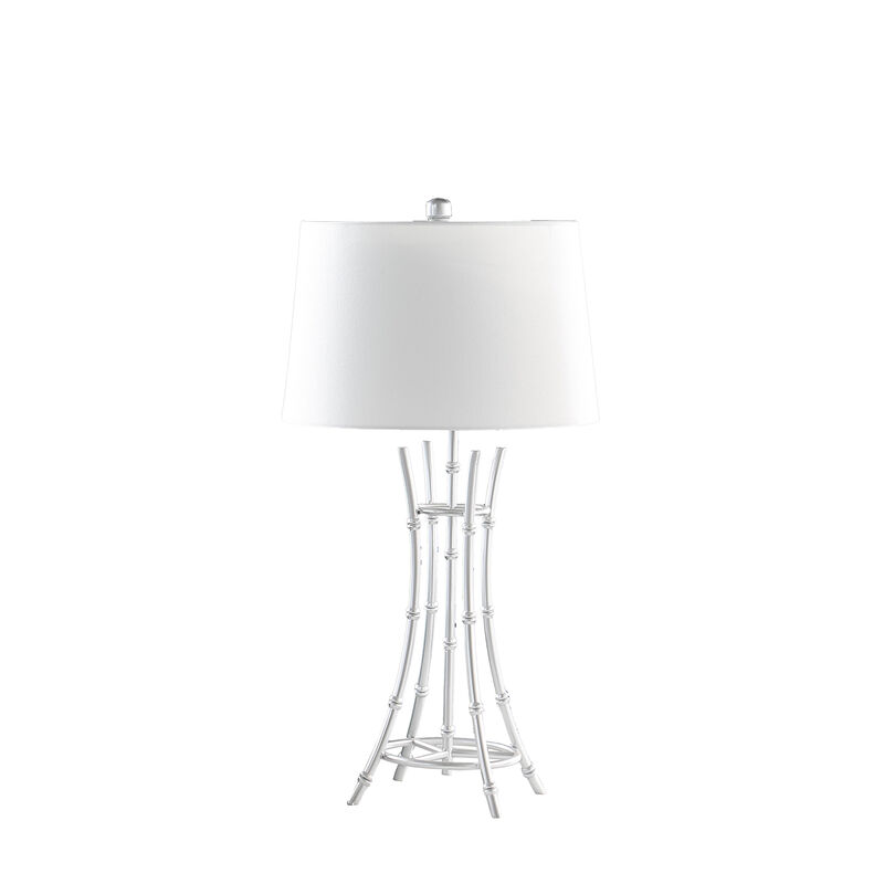 Lisi 29 Inch Table Lamp, White Shade, Silver Mettalic Bamboo Style Base - Benzara