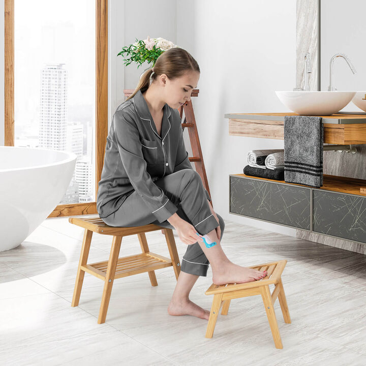 Bamboo Shower Seat Bench with Underneath Storage Shelf-Natural