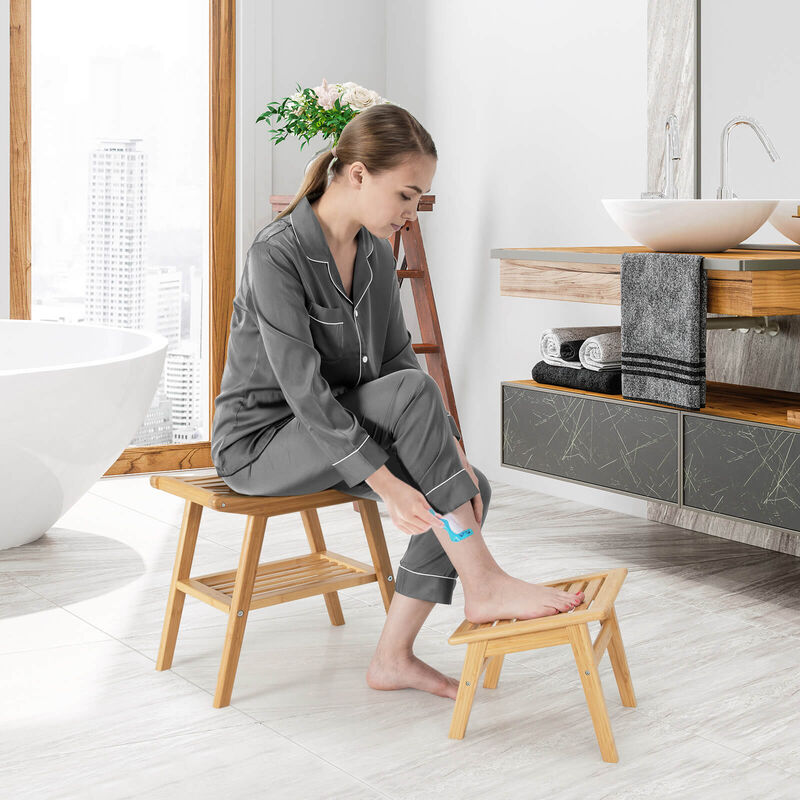 Bamboo Shower Seat Bench with Underneath Storage Shelf-Natural