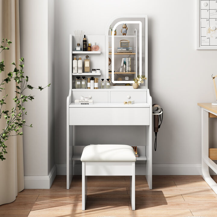 Vanity Desk with Lighted Mirror & Chair, 3 Drawers, Hair Dryer Holder & Adjustable LED Lights