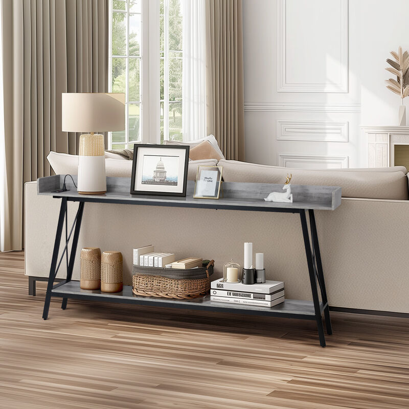 Extra Long Console Table Sofa Table with 2 Power Outlets & USB Ports for Charging & Storage
