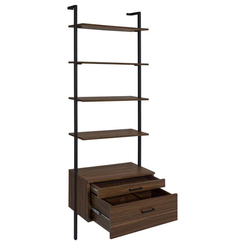 Wens Wall Mounted Bookcase Unit, 4 Shelves, 2 Drawers, Black Brown - Benzara