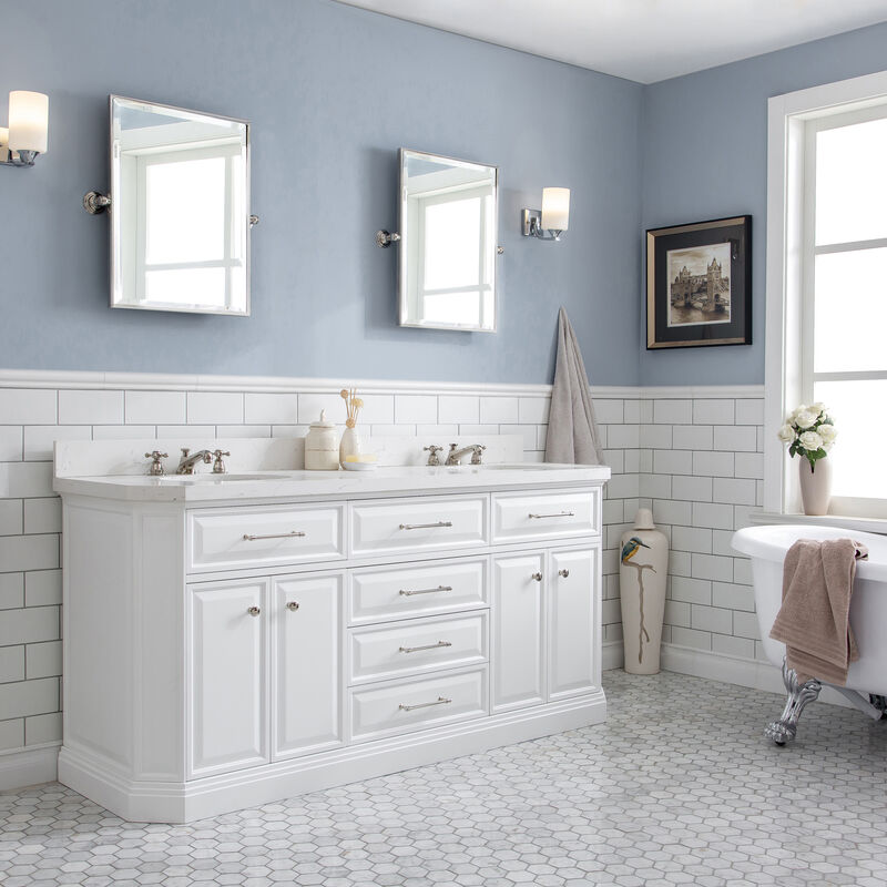Palace 72 In. Double Sink Carrara Quartz Countertop Bath Vanity in Pure White with Polished Nickel (PVD) Hardware