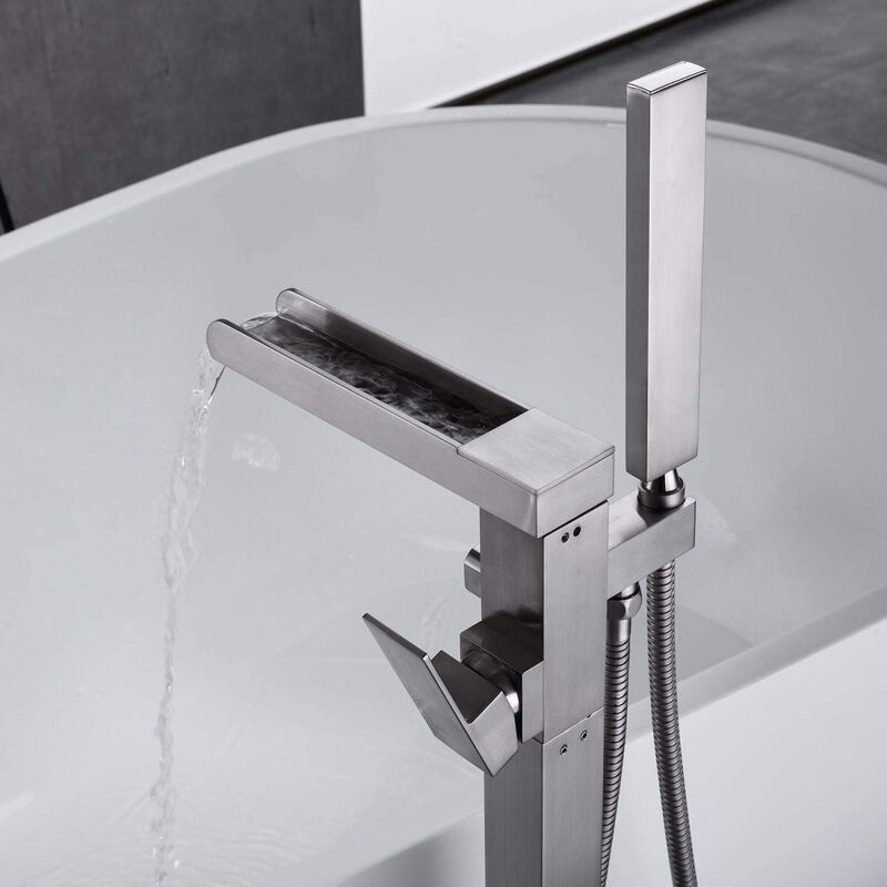 Bathroom Freestanding Waterfall Tub Filler Brushed Nickel Floor Mount Faucet With Hand Shower