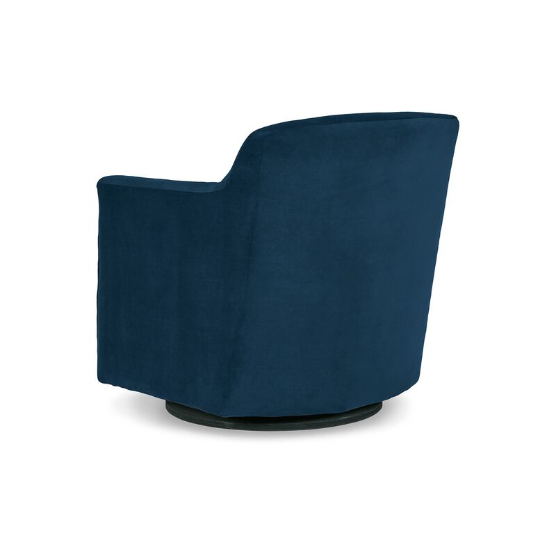 Leena Swivel Accent Chair, Blue Velvet, Shelter Style Arms, Black Wood - Benzara