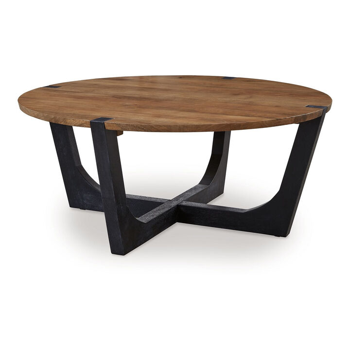 Leyi Round Coffee Table, Angled Legs, 44 Inch Brown Mango Wood - Benzara
